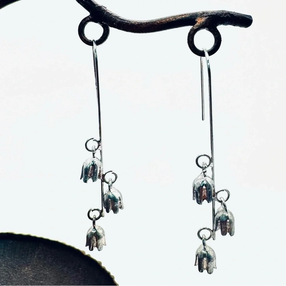 Silver Lily of the Valley Dangling Floral Drop Earrings Botanical Jewelry